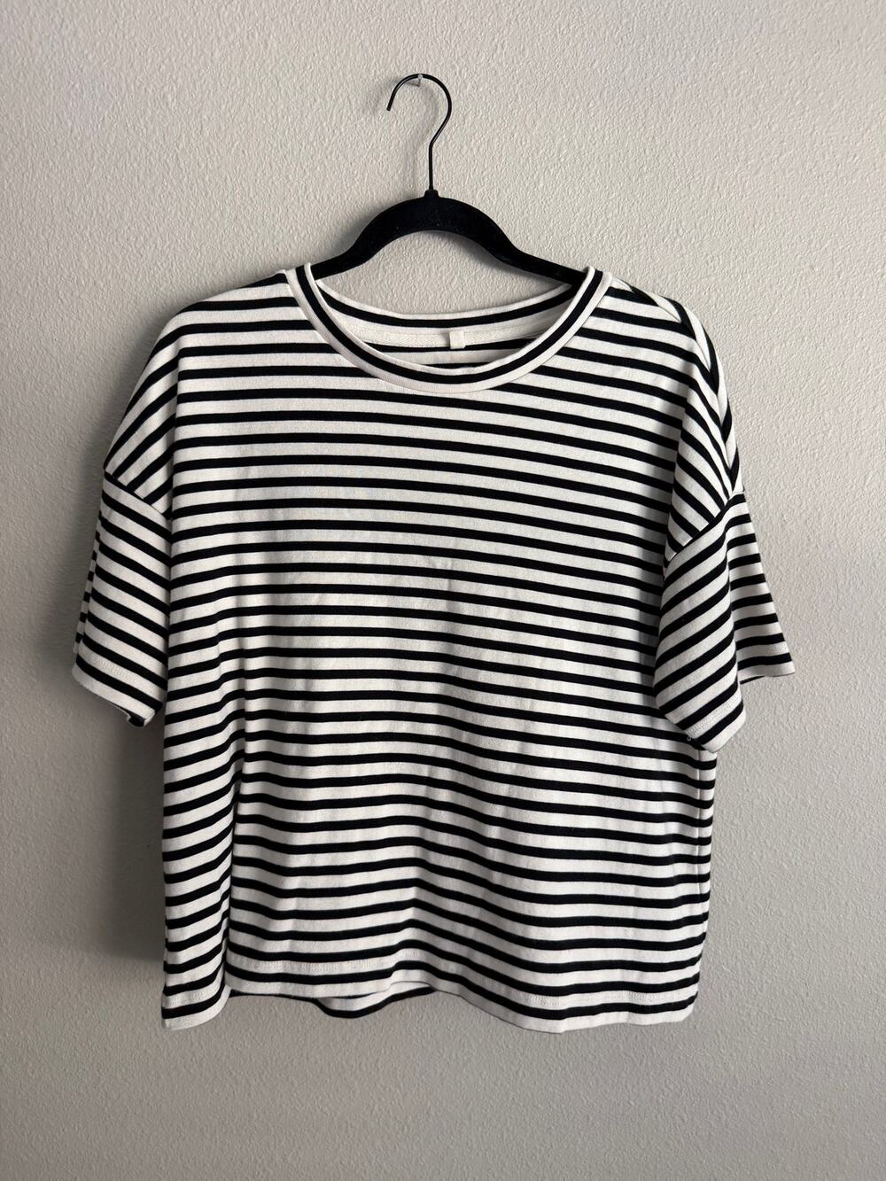 Lou & Grey Sz M Organic Cotton Boxy Tee Striped Black White Short Sleeve